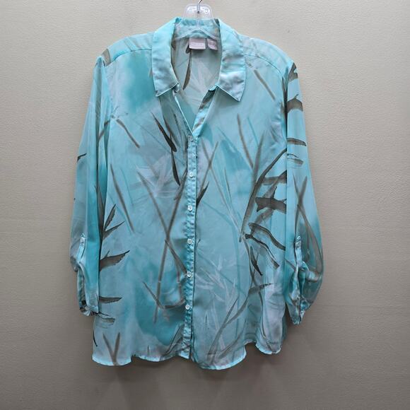 Chico's Tops - Chico's Printed Button-Up Blouse Top Sheer Long Sleeves Blue Size 2 US Large